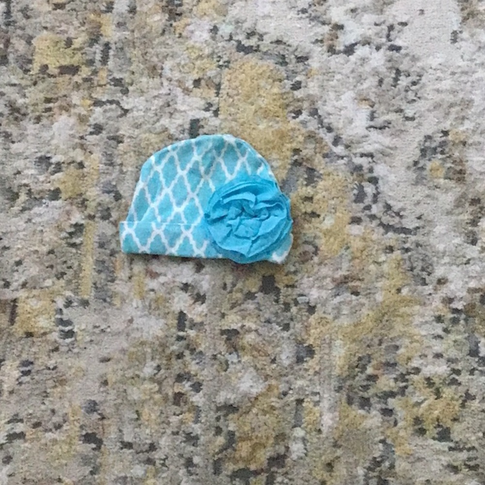 Blue Patterned Kids Beanie with Flower